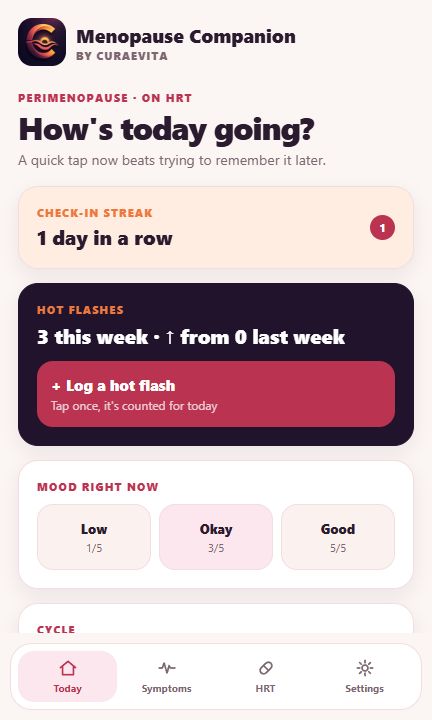 Menopause Companion daily dashboard with example symptom, hot-flash and mood entries